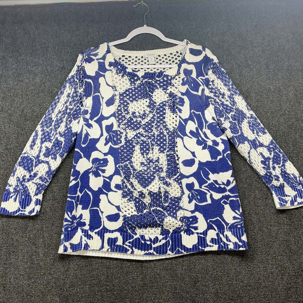 Weekends by Chico's Coastal Blue & White Floral Open Knit Sweater